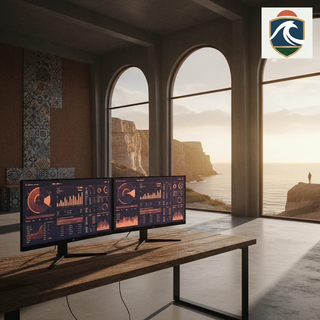 Configuração de secretária com dois monitores a mostrar dados de torneios de eSports