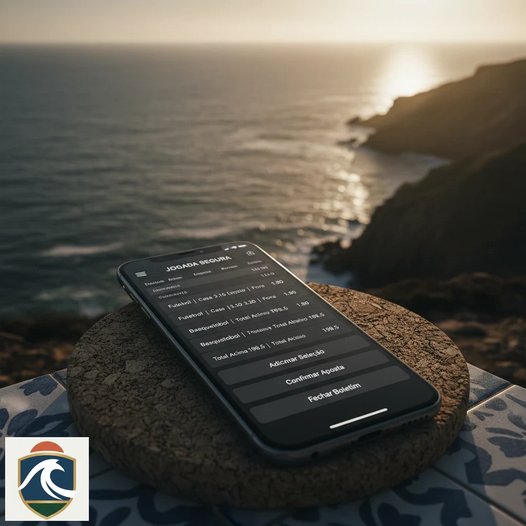 Ecrã de smartphone com boletim digital, odds e botões de confirmação em modo escuro