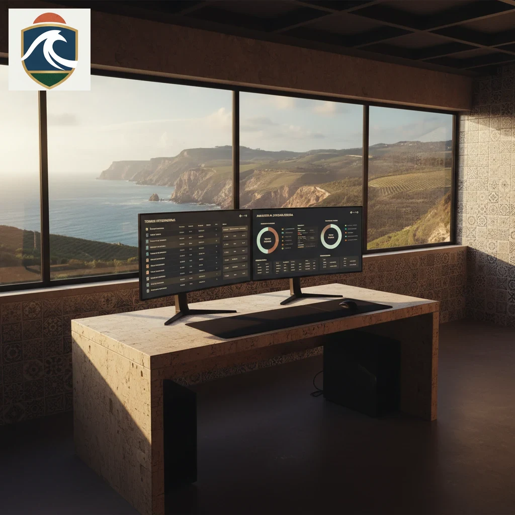 Secretária com dois monitores a exibir estatísticas de jogos competitivos e calendário de torneios