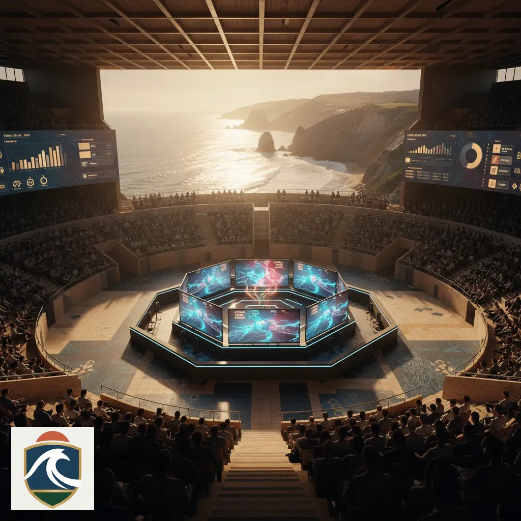 Palco de torneio de League of Legends com uma equipa a disputar objetivos de mapa
