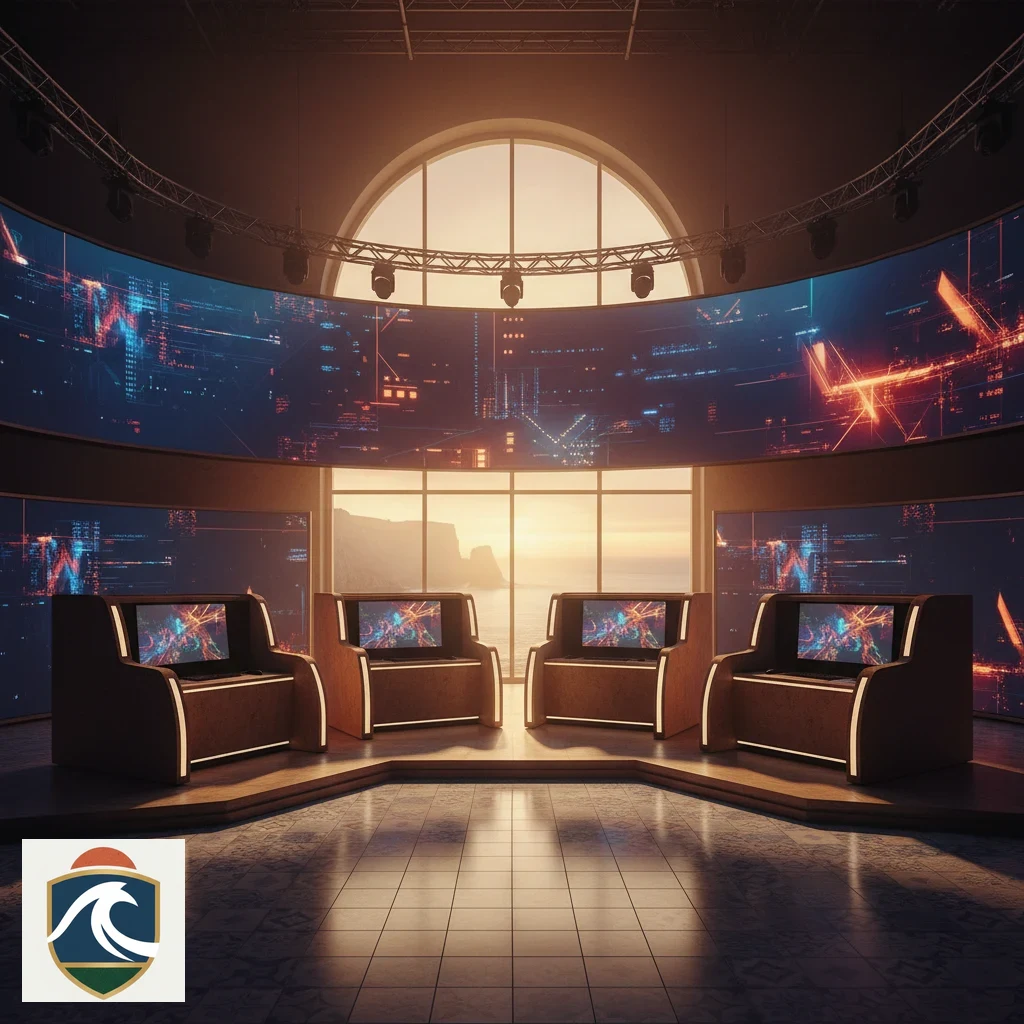 Esports tournament stage with glowing monitors, team seating pods, and large arena screens showing live gameplay stats.