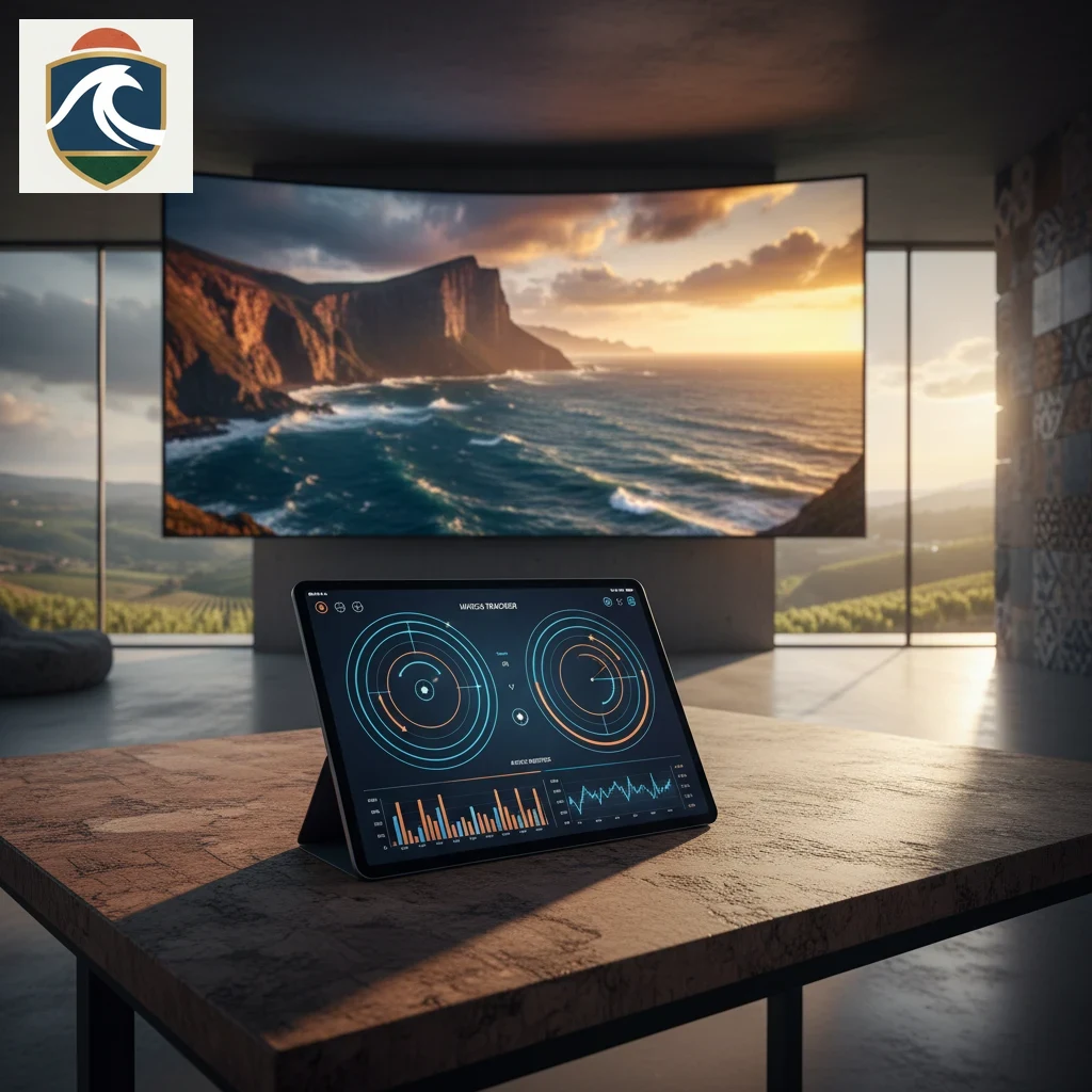 Tablet numa secretária a mostrar gráficos de radar de um jogo de futebol