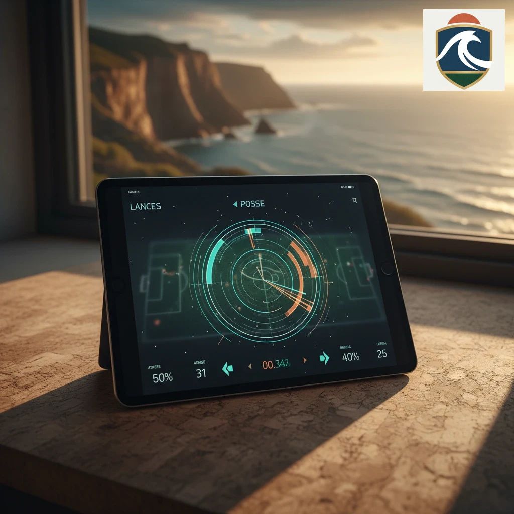 Tablet numa secretária a mostrar gráficos de radar de um jogo de futebol
