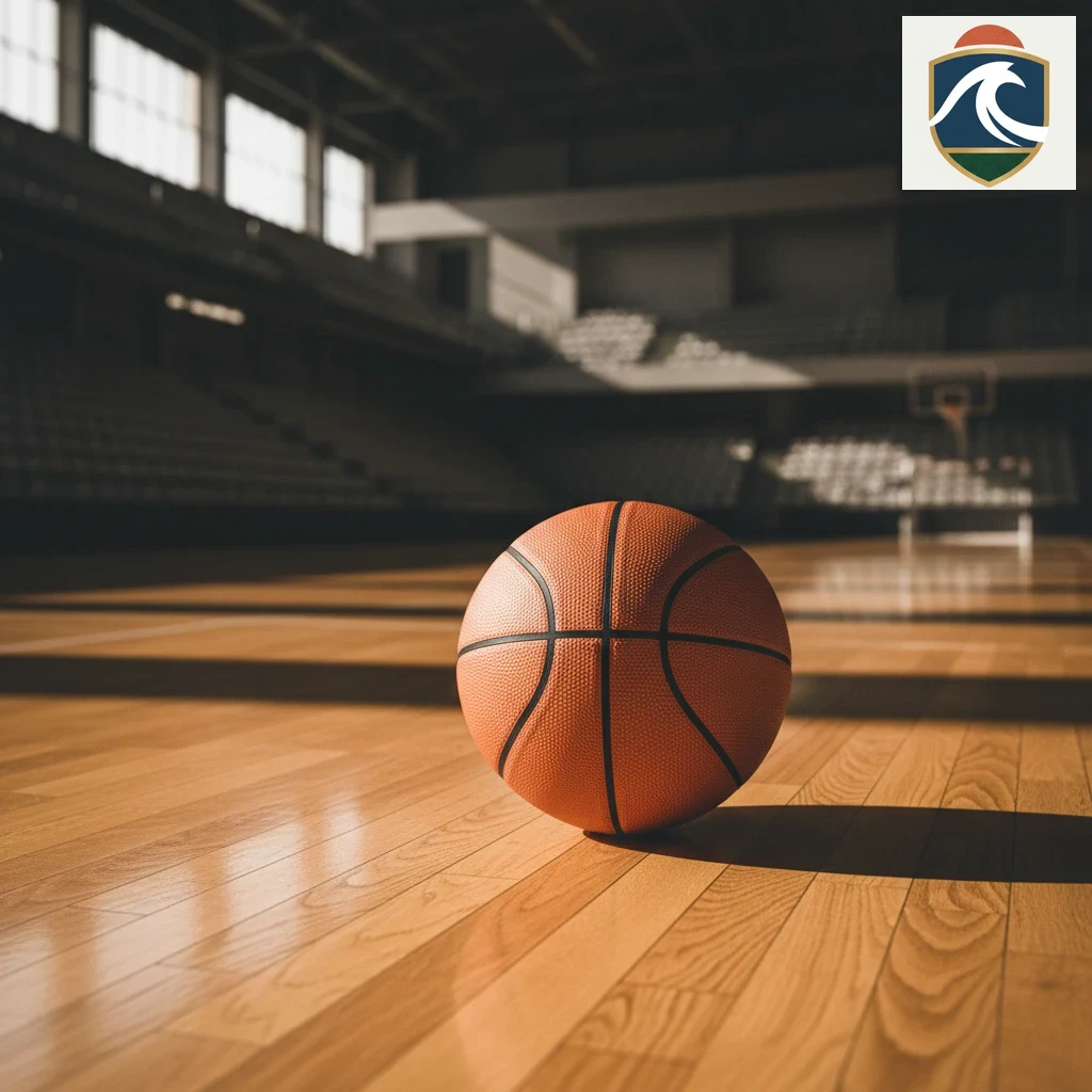 Bola de basquetebol sobre o piso de madeira de um pavilhão desportivo