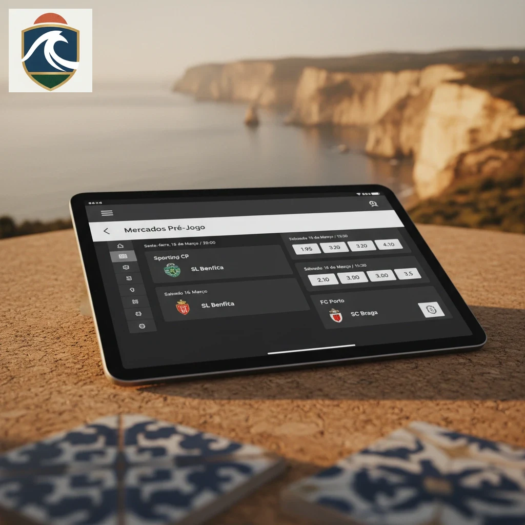 Interface digital com calendário de jogos de futebol, equipas e caixas de odds