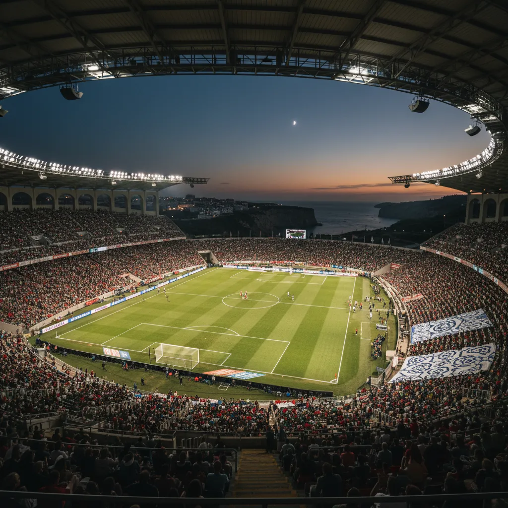 A brightly lit football stadium at night viewed from an upper tier with spectators in the stands.