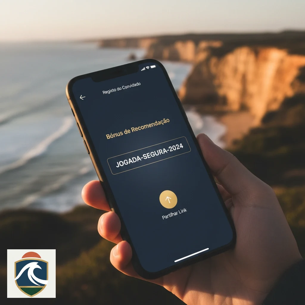 Ecrã de smartphone com código de indicação pessoal e botão de partilha no painel de conta